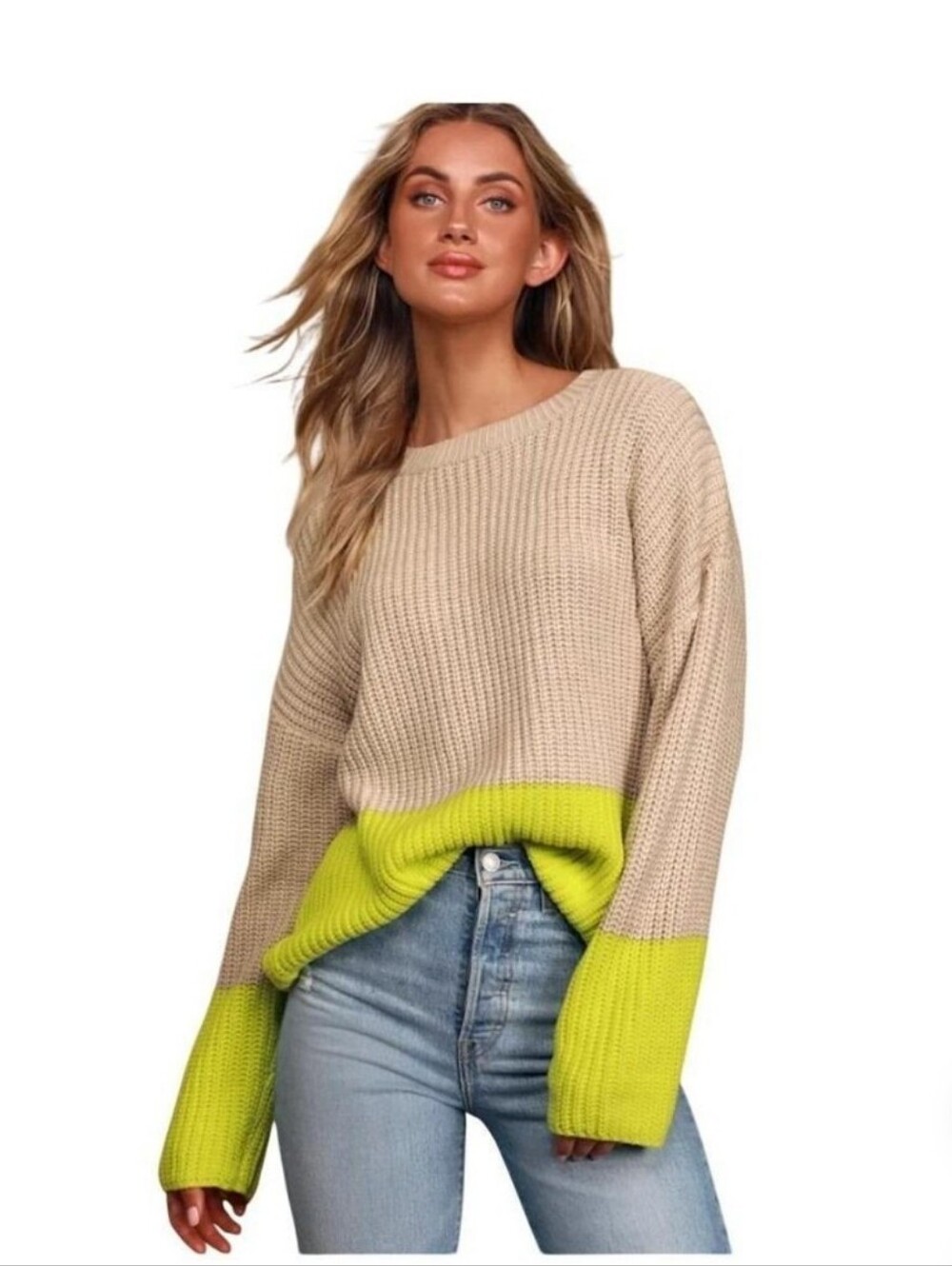 Lush Tan Sweater with Lime Colorblock Hem & Cuffs